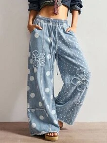 Bohemela 夏/秋季休閒復古藍色波點圖案刺繡花卉拼接梭織寬腿女款牛仔褲，適合日常穿著與演唱會派對 - 彩色 - 查看 5