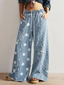 Bohemela 夏/秋季休閒復古藍色波點圖案刺繡花卉拼接梭織寬腿女款牛仔褲，適合日常穿著與演唱會派對 - 彩色 - 查看 3
