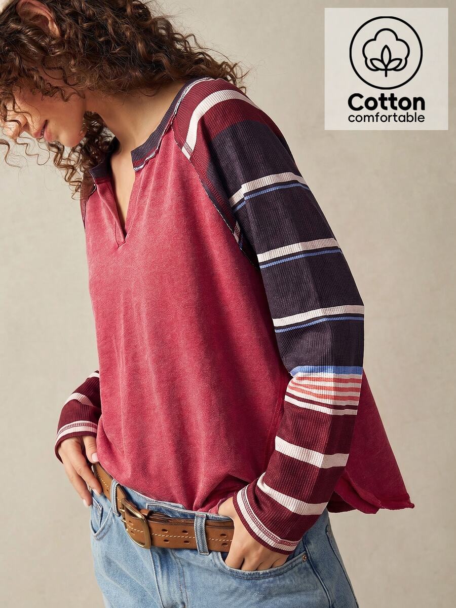 Bohemela Casual Knit Patchwork Women's Sweatshirt - Red - View 1