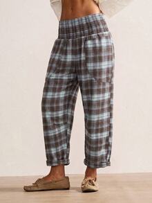 Bohemela Casual Vintage Woven Plaid Women's Long Pants Lounge Grey Blue Autumn - Blue - View 3