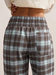Bohemela Casual Vintage Woven Plaid Women's Long Pants Lounge Grey Blue Autumn - Blue - View 6