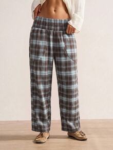Bohemela Casual Vintage Woven Plaid Women's Long Pants Lounge Grey Blue Autumn - Blue - View 5