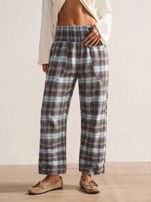 Bohemela Casual Vintage Woven Plaid Women's Long Pants Lounge Grey Blue Autumn - Blue - View 7