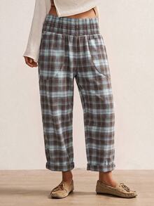 Bohemela Casual Vintage Woven Plaid Women's Long Pants Lounge Grey Blue Autumn - Blue - View 2