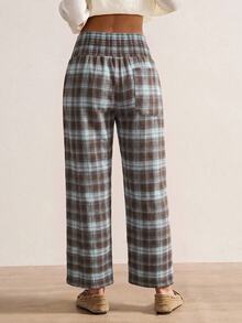 Bohemela Casual Vintage Woven Plaid Women's Long Pants Lounge Grey Blue Autumn - Blue - View 8