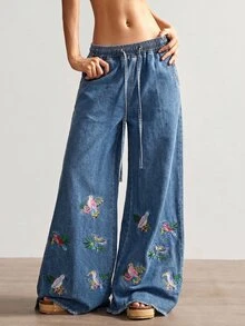 Bohemela 休閒純色梭織刺繡寬腿女款長褲 - 藍色 - 查看 9