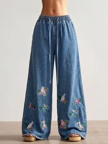 Bohemela 休閒純色梭織刺繡寬腿女款長褲 - 藍色 - 查看 7