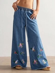 Bohemela 休閒純色梭織刺繡寬腿女款長褲 - 藍色 - 查看 6