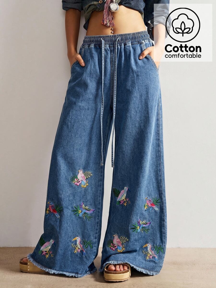 Bohemela 休閒純色梭織刺繡寬腿女款長褲 - 藍色 - 查看 1