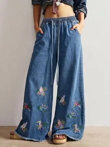 Bohemela 休閒純色梭織刺繡寬腿女款長褲 - 藍色 - 查看 3