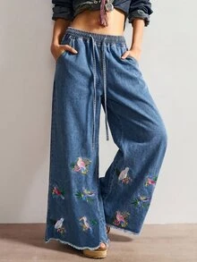 Bohemela 休閒純色梭織刺繡寬腿女款長褲 - 藍色 - 查看 5