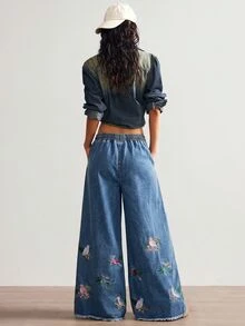 Bohemela 休閒純色梭織刺繡寬腿女款長褲 - 藍色 - 查看 2