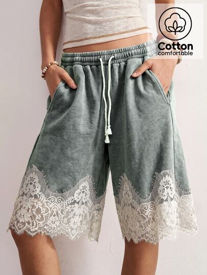 Bohemela Shorts casuales de mujer de punto vintage lavado verde con encaje de contraste, corte holgado, para verano/otoño, uso diario, conciertos, fiestas y vuelta al colegio