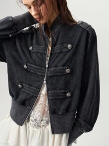Bohemela 秋季女款拿破崙風復古街頭夾克外套，90年代 2000s 70s Y2K 休閒風，雙排扣針織連帽外套，深色水洗，派對穿搭 - 黑色 - 查看 1