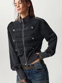 Bohemela 秋季女款拿破崙風復古街頭夾克外套，90年代 2000s 70s Y2K 休閒風，雙排扣針織連帽外套，深色水洗，派對穿搭 - 黑色 - 查看 2