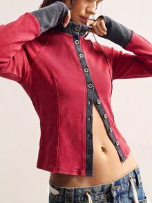 Bohemela Vintage Casual Washed Knit Colorblock Patchwork Women's Lightweight Jacket | For Autumn, Daily Wear, Back To School, Office Commute, Casual - Red - View 2