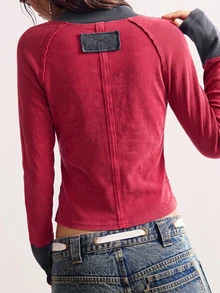 Bohemela Vintage Casual Washed Knit Colorblock Patchwork Women's Lightweight Jacket | For Autumn, Daily Wear, Back To School, Office Commute, Casual - Red - View 7