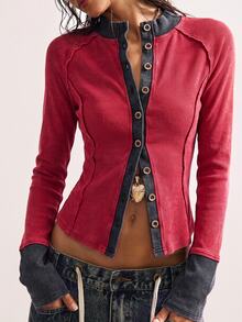 Bohemela Vintage Casual Washed Knit Colorblock Patchwork Women's Lightweight Jacket | For Autumn, Daily Wear, Back To School, Office Commute, Casual - Red - View 5
