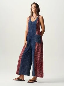 Bohemela 休閒波希米亞風針織拼接水洗女款連身褲 度假海軍藍花卉夏季款 - 藏蓝色 - 查看 5