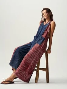 Bohemela 休閒波希米亞風針織拼接水洗女款連身褲 度假海軍藍花卉夏季款 - 藏蓝色 - 查看 4