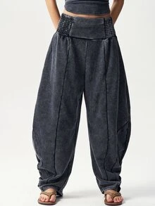 Bohemela Casual Solid Color Knitted Washed Women's Long Pants Daily Grey Autumn - Black - View 9