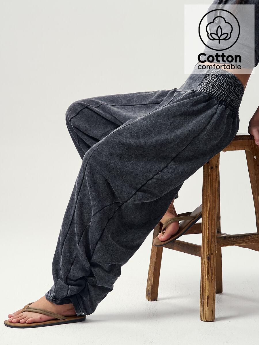 Bohemela Casual Solid Color Knitted Washed Women's Long Pants Daily Grey Autumn - Black - View 1