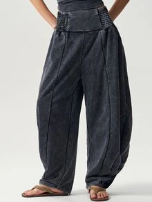 Bohemela Casual Solid Color Knitted Washed Women's Long Pants Daily Grey Autumn - Black - View 7