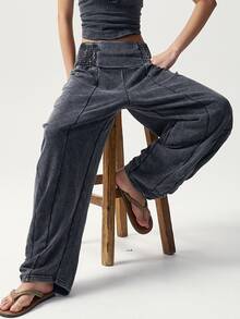 Bohemela Casual Solid Color Knitted Washed Women's Long Pants Daily Grey Autumn - Black - View 4