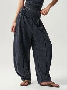 Bohemela Casual Solid Color Knitted Washed Women's Long Pants Daily Grey Autumn - Black - View 5