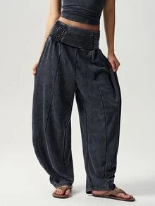 Bohemela Casual Solid Color Knitted Washed Women's Long Pants Daily Grey Autumn - Black - View 8