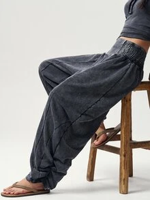 Bohemela Casual Solid Color Knitted Washed Women's Long Pants Daily Grey Autumn - Black - View 3