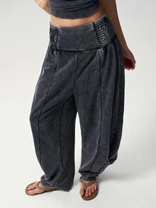 Bohemela Casual Solid Color Knitted Washed Women's Long Pants Daily Grey Autumn - Black - View 2
