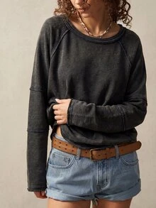 Bohemela Women's Casual Washed Long Sleeve T-Shirt, Autumn - Black - View 5