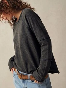 Bohemela Women's Casual Washed Long Sleeve T-Shirt, Autumn - Black - View 3