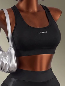 Mistrie 1pc Black Letter Print Racerback Women's Sports Tank Top, Slim Fit, Suitable For Yoga, Fitness, Workout, Summer - Black - View 4