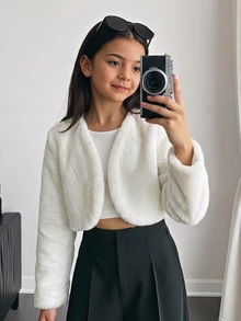 SHEIN 兒童青少年女孩極簡風人造毛皮外套，適合派對與戶外穿著，秋冬款 - 白色 - 查看 1