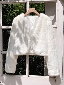 SHEIN 兒童青少年女孩極簡風人造毛皮外套，適合派對與戶外穿著，秋冬款 - 白色 - 查看 8