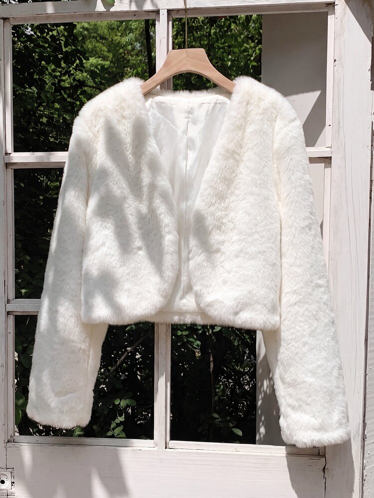 SHEIN Kids Tween Girl Minimalist Faux Fur Jacket, Suitable For Party And Outdoor Wear, Autumn/Winter - White - View 8