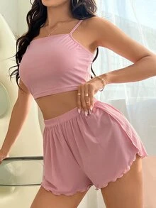SHEIN Conjunto de ropa de estar en casa de punto acanalado de unicolor para mujer - Rosa vieja - Ver 5