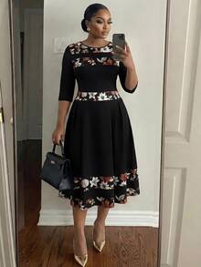 SHEIN Lady CURVE 大尺碼復古1920年代優雅時尚花卉印花拼接洋裝，適合晚宴、晚餐、婚禮派對，黑色，秋季 - 彩色 - 查看 1