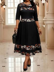SHEIN Lady CURVE 大尺碼復古1920年代優雅時尚花卉印花拼接洋裝，適合晚宴、晚餐、婚禮派對，黑色，秋季 - 彩色 - 查看 6