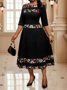 SHEIN Lady CURVE 大尺碼復古1920年代優雅時尚花卉印花拼接洋裝，適合晚宴、晚餐、婚禮派對，黑色，秋季 - 彩色 - 查看 3