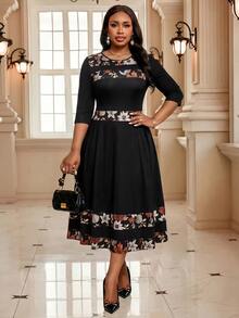 SHEIN Lady CURVE 大尺碼復古1920年代優雅時尚花卉印花拼接洋裝，適合晚宴、晚餐、婚禮派對，黑色，秋季 - 彩色 - 查看 5