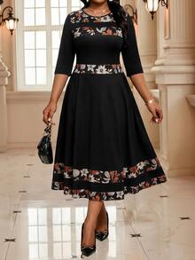 SHEIN Lady CURVE 大尺碼復古1920年代優雅時尚花卉印花拼接洋裝，適合晚宴、晚餐、婚禮派對，黑色，秋季 - 彩色 - 查看 4