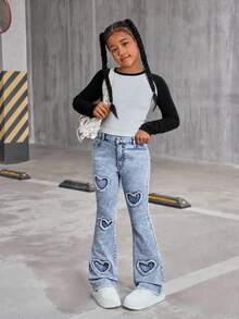 SHEIN 青少年女孩破洞愛心刺繡緊身牛仔褲，休閒 Y2K 可愛水洗淺藍色丹寧長褲，適合夏季校園派對與秋季穿搭 - 淺色水洗藍 - 查看 4
