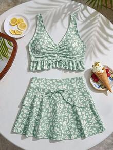 DAZY Ditsy Floral Sleeveless Tank Top & Skirt Set Swimwear For Tween Girls (Large) Summer - Green - View 4