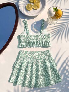 DAZY Ditsy Floral Sleeveless Tank Top & Skirt Set Swimwear For Tween Girls (Large) Summer - Green - View 2