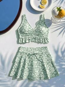 DAZY Ditsy Floral Sleeveless Tank Top & Skirt Set Swimwear For Tween Girls (Large) Summer - Green - View 3