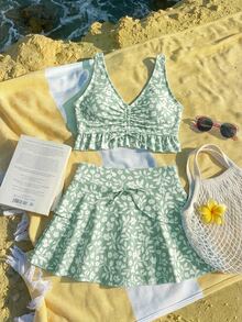 DAZY Ditsy Floral Sleeveless Tank Top & Skirt Set Swimwear For Tween Girls (Large) Summer - Green - View 1