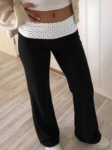 Tween Girls Polka Dot Patchwork Coffee Color Casual Long Pants - Black - View 2